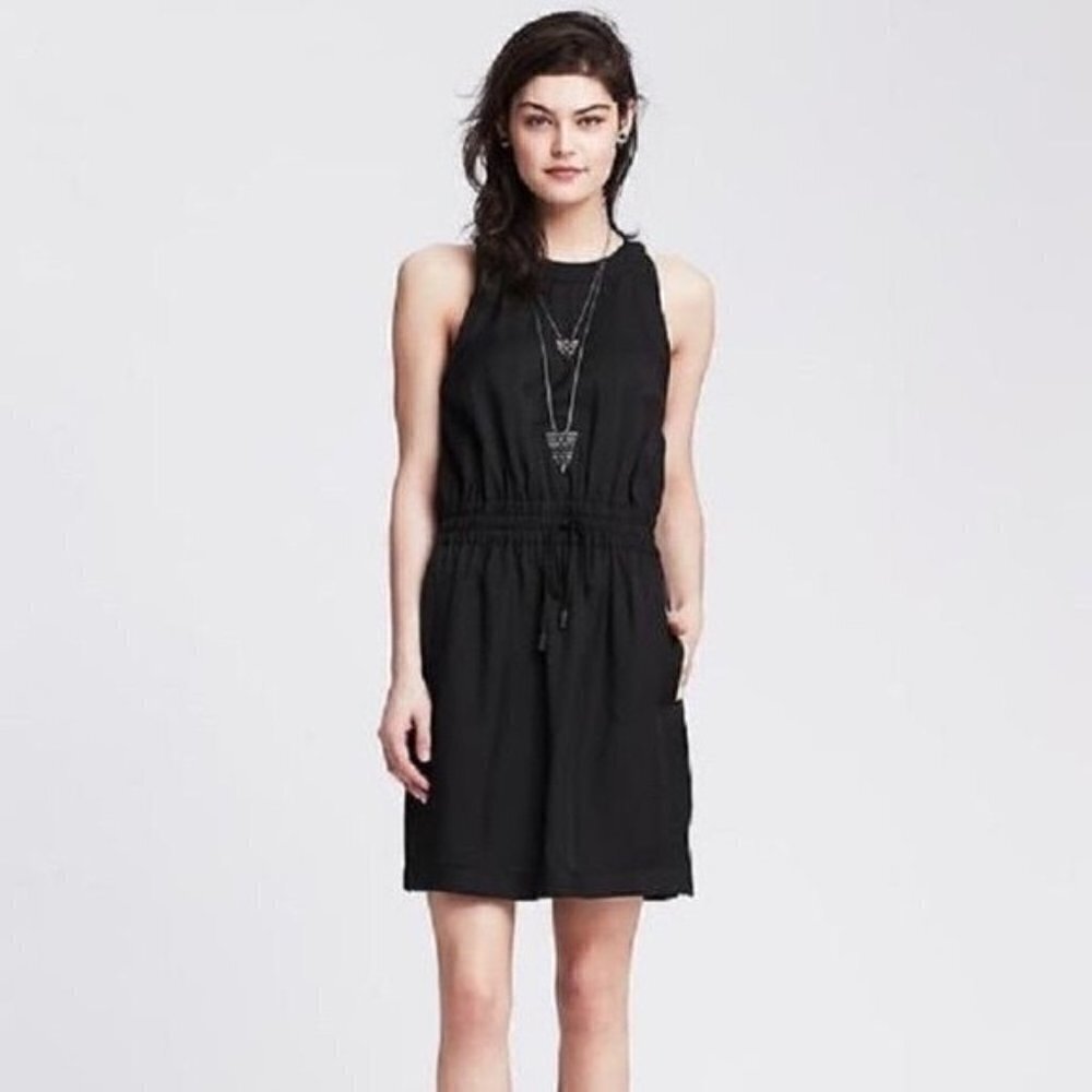 Banana Republic Dress Smocked Lucia Black Drawstring Pockets Sleeveless Summer